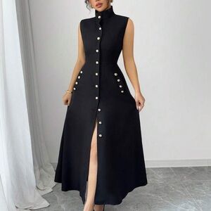Elegant Black Sleeveless Dress with Button Details